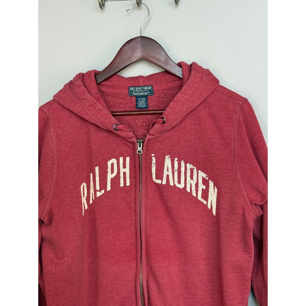 Polo Jeans Co Ralph Lauren Zip Hoodie Mens XL Red Cotton Blend Distressed Logo - Picture 3 of 10